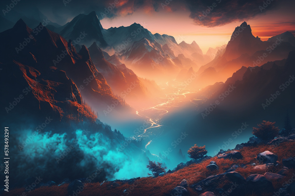 epic sunrise in the mountains with blue and orange fog, river, mountain top landscape