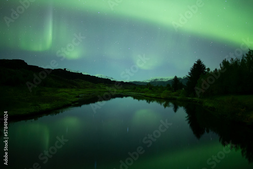 Aurora borealis over forest lake mirror reflection Thingvellir Iceland