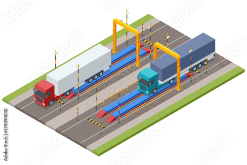 Isometric loaded trailer truck on weighbridge. Weighing control platform. Container car on the weighing scale. Cargo transport, Truck trailer with container. photo
