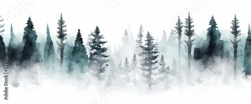 Pine trees in mist, Spruce forest, watercolor illustration white background, Generative AI  © pieter