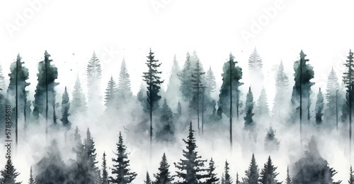 Pine trees in mist  Spruce forest  watercolor illustration white background  Generative AI 