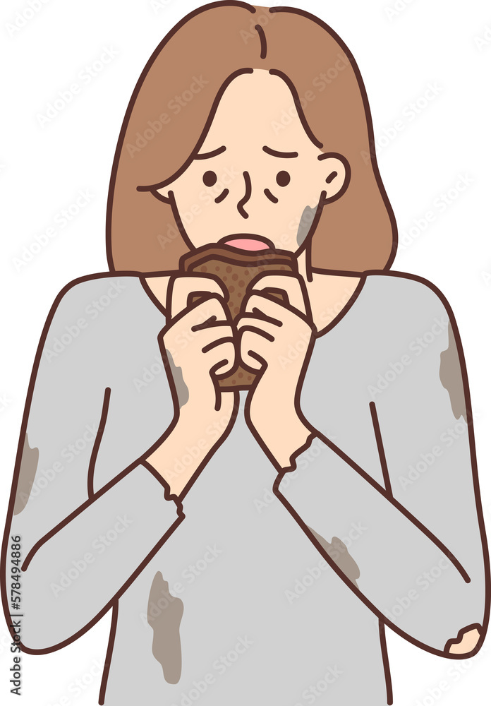 Hungry woman in dirty torn Tshirt brings piece bread to mouth after long absence food. Vector image Hungry woman in dirty torn Tshirt brings piece bread to mouth after long absence food. Vector image