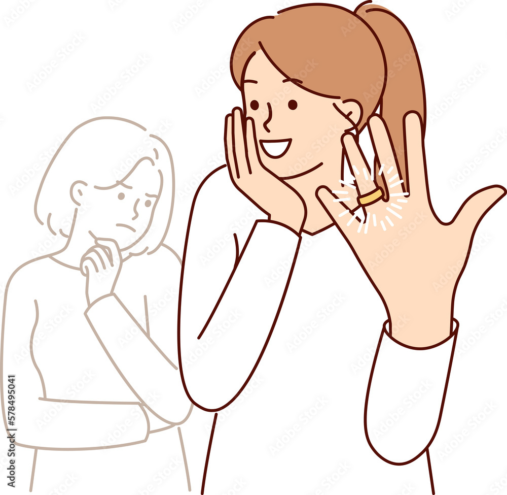 Woman feels delight showing wedding ring on finger after marriage proposal from boyfriend Woman feels delight showing wedding ring on finger after marriage proposal from boyfriend