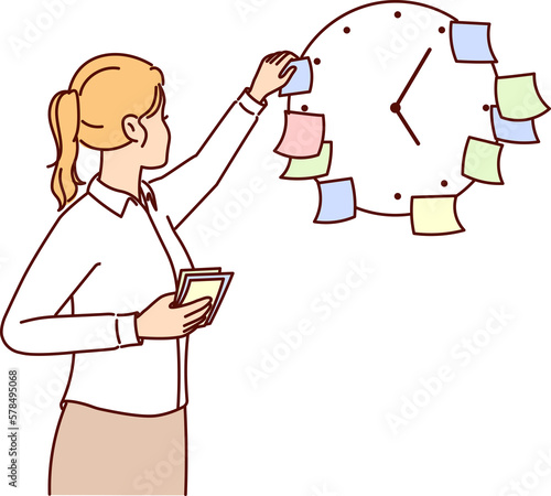 Business woman using stickers on clock to meet deadlines set by manager and launch project on time