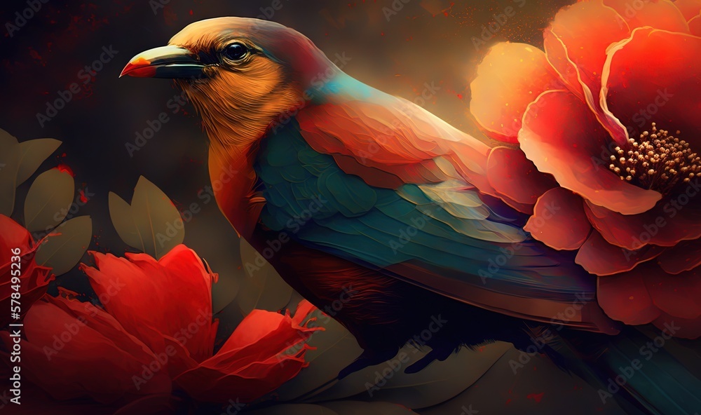  a colorful bird sitting on top of a red flower next to a red flower on a black background with a red and yellow flower in the center.  generative ai