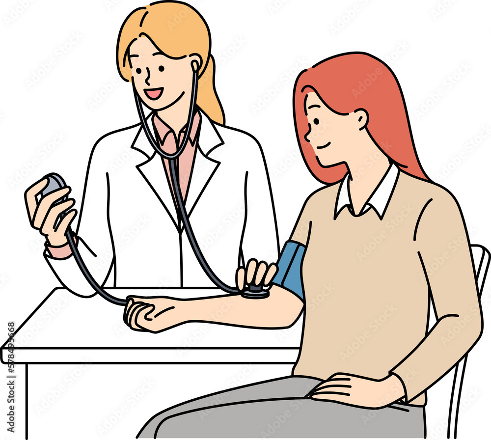 Woman undergoes medical examination at doctor using device for measuring pressure Woman undergoes medical examination at doctor using device for measuring pressure