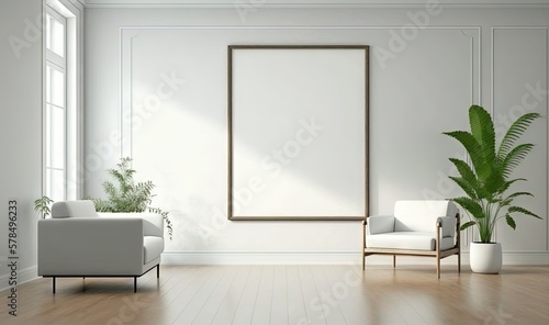  a living room with a couch  chair and a large picture frame on the wall above the couch is a potted plant and a chair.  generative ai