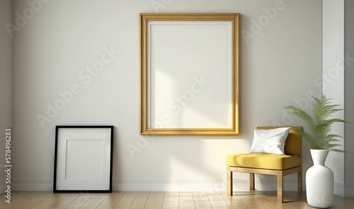  an empty picture frame on a wall next to a yellow chair and a white vase with a plant in it and a white cushion on a wooden floor.  generative ai © Nadia