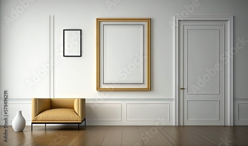  an empty room with a chair and a picture frame on the wall and a vase with a plant on the floor in front of it. generative ai