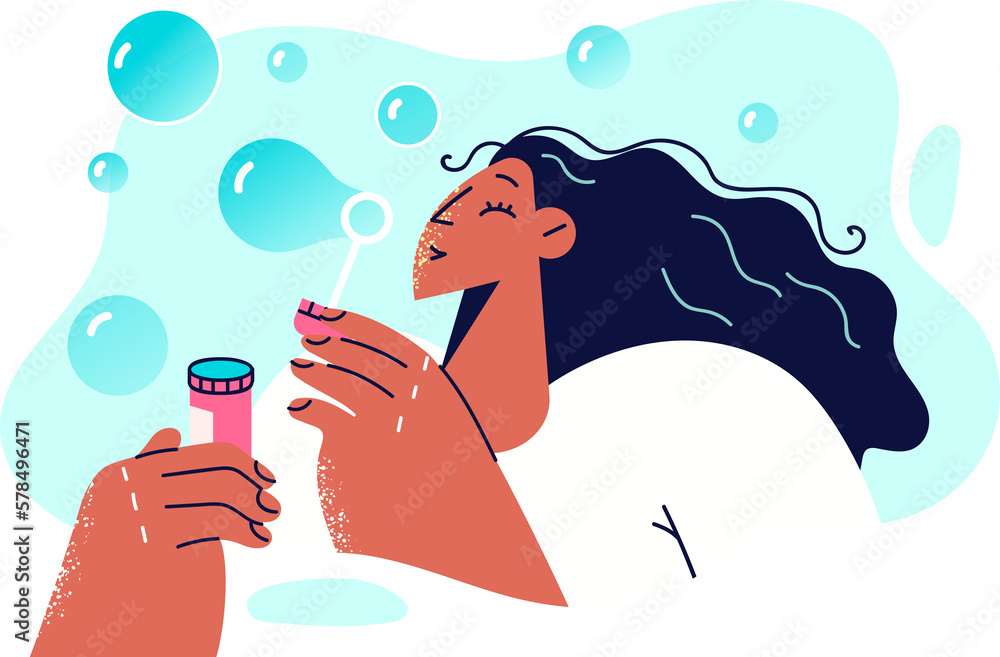 Woman uses soap bubbles for leisure or getting rid of routine stress and get rid of harmful thoughts Woman uses soap bubbles for leisure or getting rid of routine stress and get rid of harmful thoughts