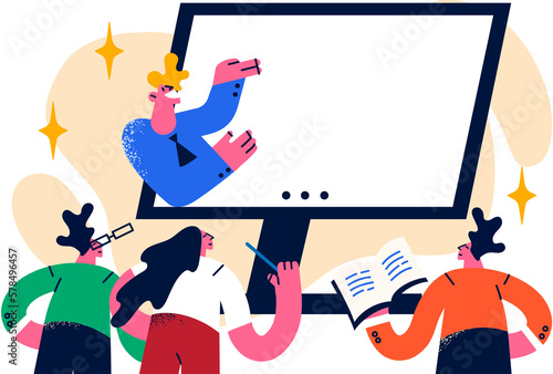 Diverse people getting distance education together looking at monitor with online university teacher