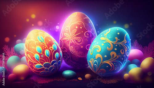 happy easter, colorful easter eggs decorated with easter bunnies generated by AI photo