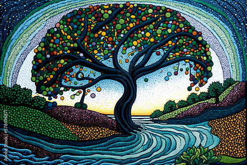 Colorful Tree by Stream, with Deep Roots