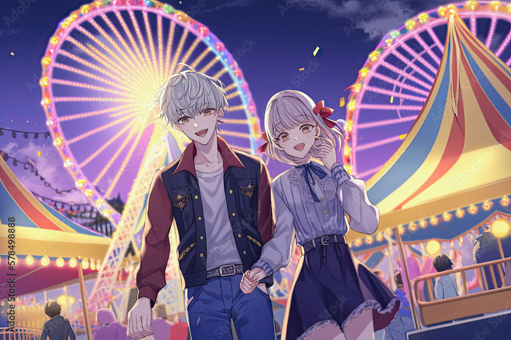 generative ai illustration of anime boy and girl together on a fun fair generative ai illustration of anime boy and girl together on a fun fair