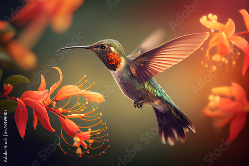 Hummingbird in colorful tropical exotic background. Generative AI