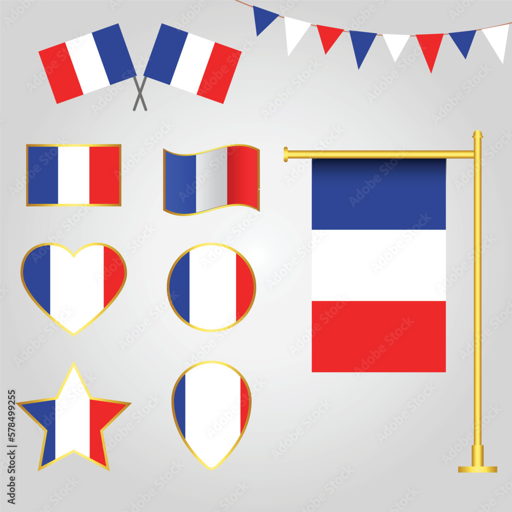 Vector collection of France flag emblems and icons in different shapes vector illustration of France Vector collection of France flag emblems and icons in different shapes vector illustration of France