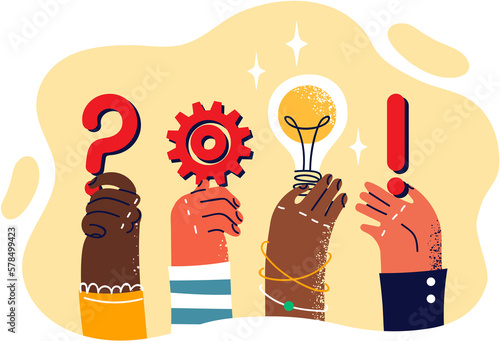 People hands with symbols of looking for ideas to create innovative business or production