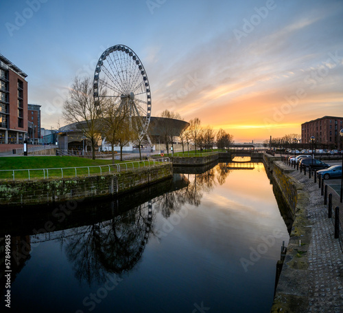 Reflection of Liverpool Ferris Wheel and other landmarks in UK