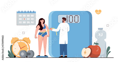 Nutritionist with patient. Man with measuring tape and scales evaluates mass index of fat woman and makes nutrition plan. Diet and weight loss, healthy eating. Cartoon flat vector illustration