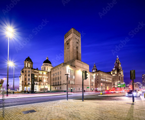 Side angle view of Georges Dockway and Port of Liverpool Building across the road in UK