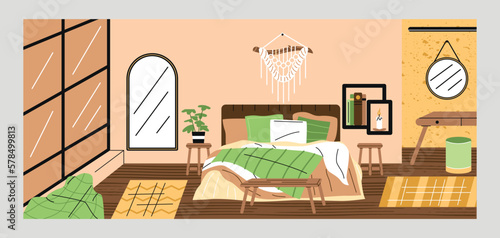 Stylish home interior. Beautiful bedroom with Scandinavian style furniture. Stylish apartment room with bed, dressing table and carpet. Cartoon flat vector illustration isolated on gray background