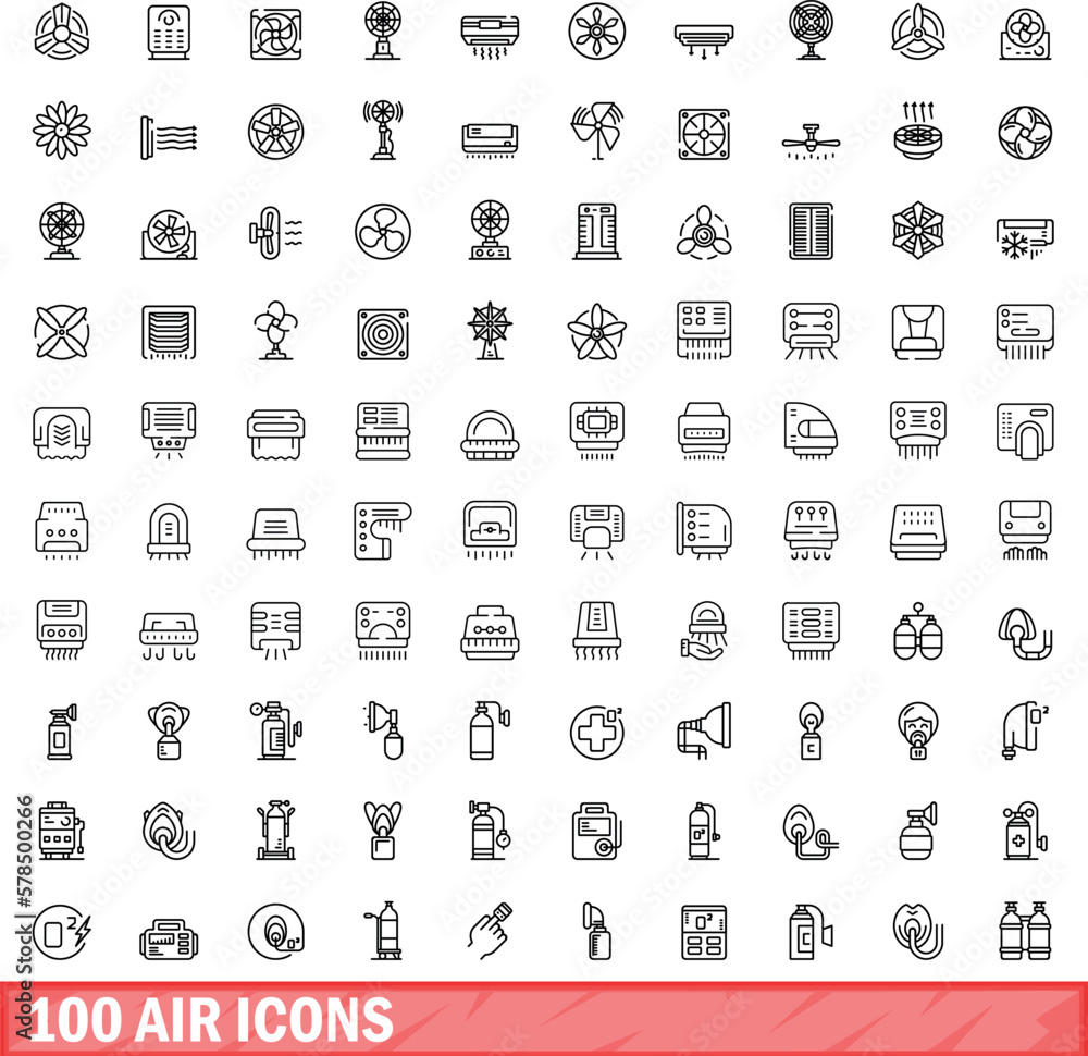 100 air icons set. Outline illustration of 100 air icons vector set isolated on white background 100 air icons set. Outline illustration of 100 air icons vector set isolated on white background