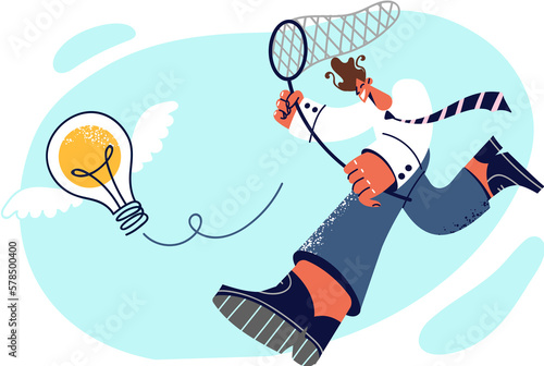 Man iwith butterfly net runs after light bulb with wings, symbolizing search for new idea