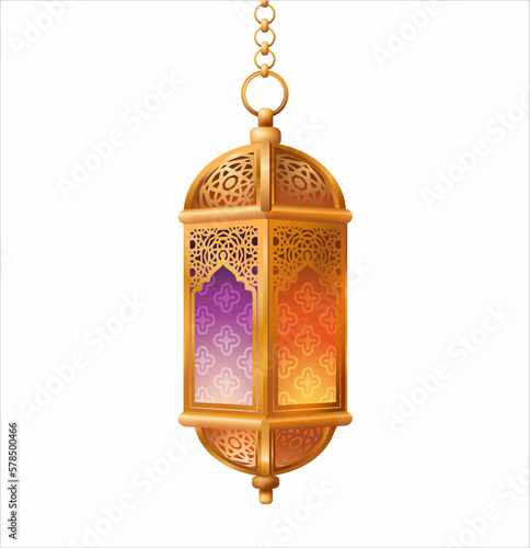 Golden antique Arabic lantern (fanoos) isolated on white. Ramadan décor element. Vector illustration.