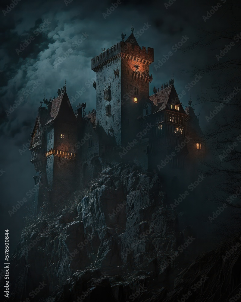 Dracula Castle in the Night. Generative AI