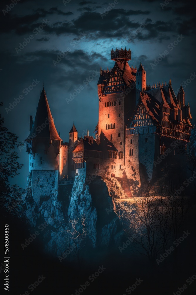 Dracula Castle in the Night. Generative AI