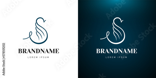 Initial letter S in shape of graceful style swan set for business identity logotype concept. Combined bird with wings linear logo for company monogram design. Vector eps elegant sign photo