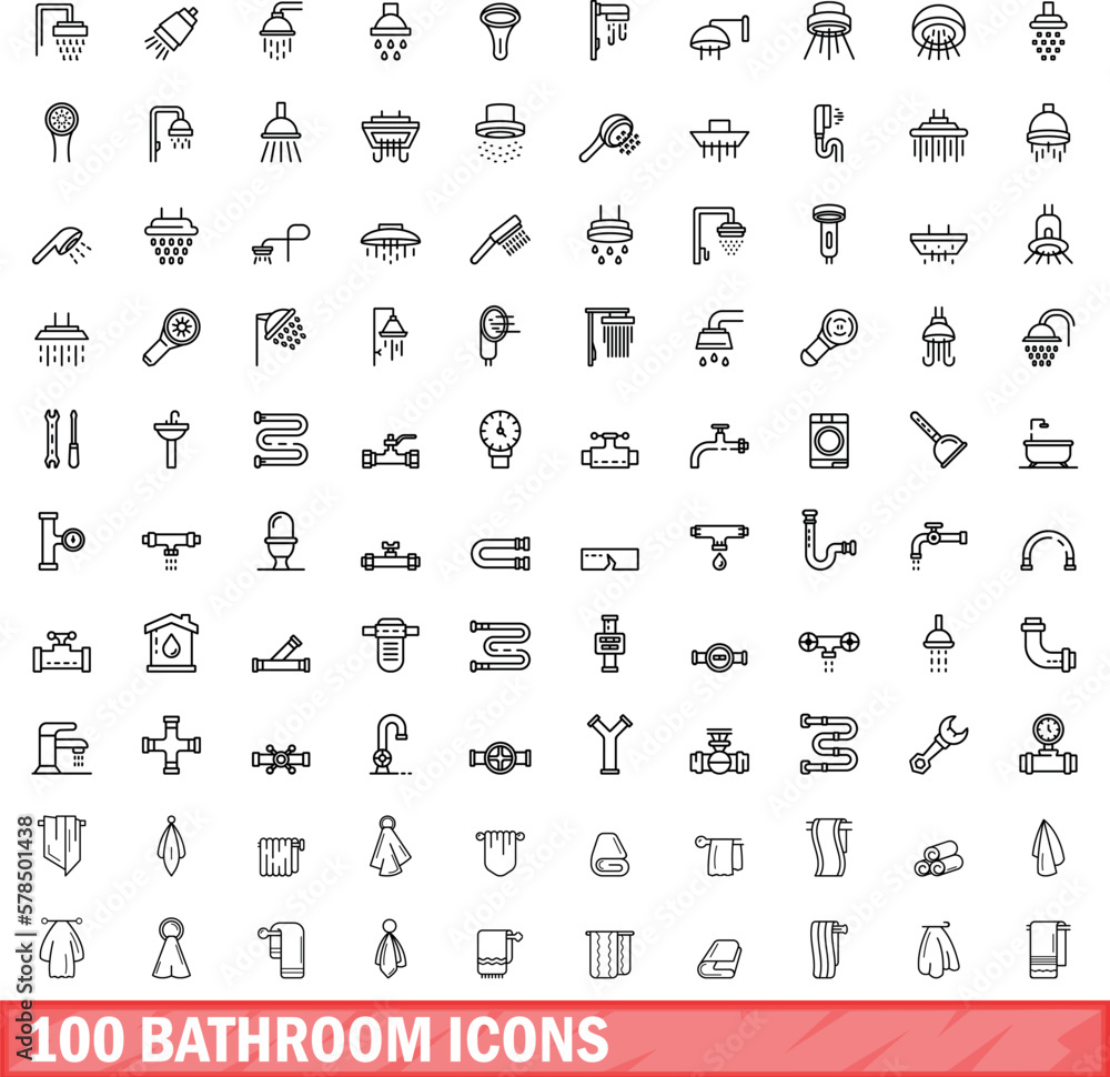 Fototapeta premium 100 bathroom icons set. Outline illustration of 100 bathroom icons vector set isolated on white background