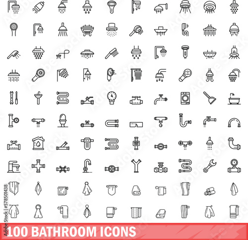 100 bathroom icons set. Outline illustration of 100 bathroom icons vector set isolated on white background