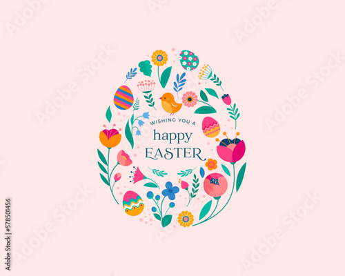 Happy Easter, decorated modern style card, banner. Patterned eggs with bunnies, flowers and basket. Colorful minimalist design