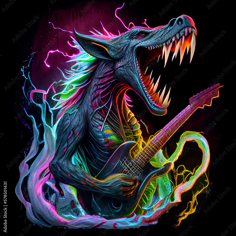Angry dragon with guitar in American style. Rock concert. AI generative.