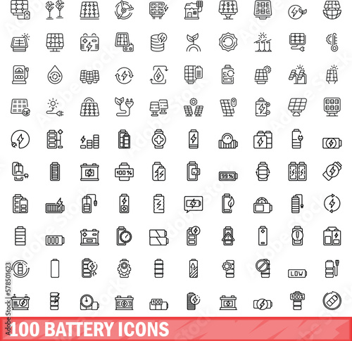 100 battery icons set. Outline illustration of 100 battery icons vector set isolated on white background