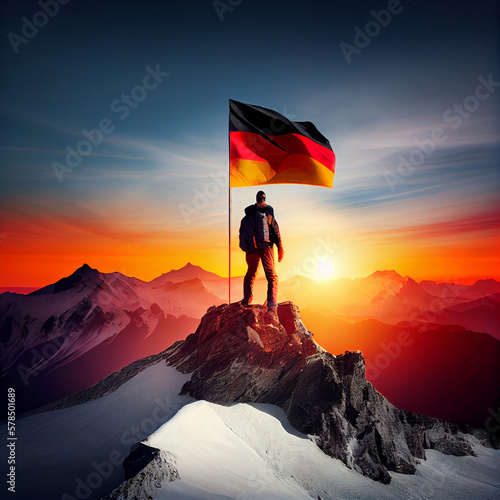 Man with flag of Germany on top of the mountain against the sky. AI generative. © Vjom