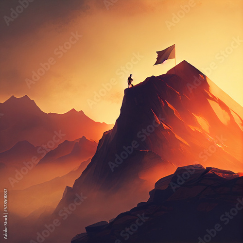 Man with flag on top of the mountain against the sky. AI generative.