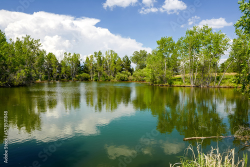 A picturesque lake in Belmar Park  Colorado with reflections of a blue sky  white clouds and a mixed forest setting.