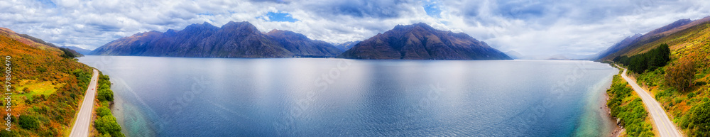 Scenic Wakatipu lake in New Zealand near Queenstown - wide aerial panorama off Highway 6.