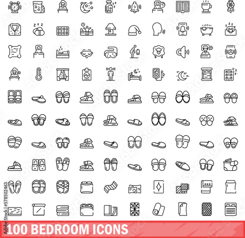 100 bedroom icons set. Outline illustration of 100 bedroom icons vector set isolated on white background