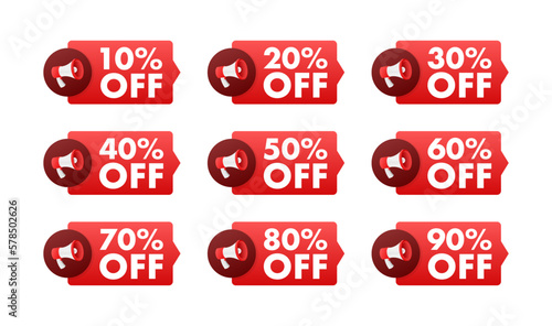 Sale tags. Special offer discount tag 10, 10, 20, 30, 40, 50, 60, 70, 80, 90 percent off price. Discount promotion