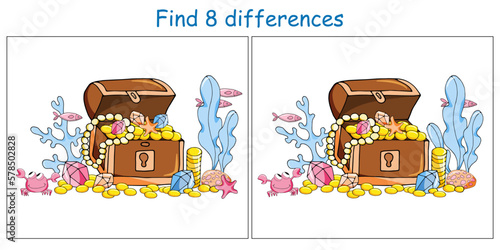 Logic puzzle game. Find 8 differences in seabed themed pictures on white background. Vector illustration for children's development.