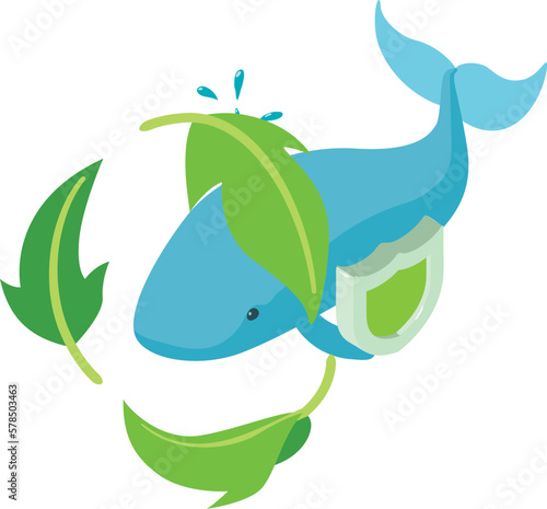 Ocean protection icon isometric vector. Blue whale in leaf circle behind shield. Ecology, environmental protection