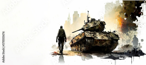 military tank, war, army vehicle, silhouette soldier, watercolor illustration on white background, Generative AI