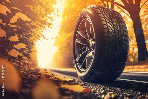 Car wheel on asphalt. Replacement of winter and summer tires. generative ai 