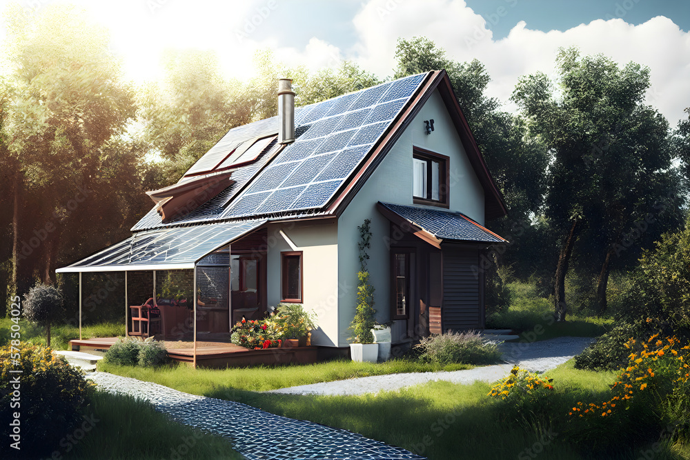 Solar panels on the roof of the house, renewable energy, green photovoltaic power, generative AI. Solar panels on the roof of the house, renewable energy, green photovoltaic power, generative AI.