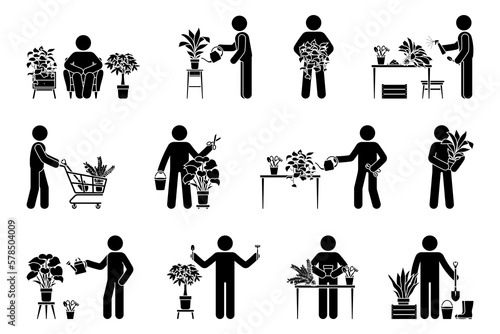 Stick figure man planting home flowers vector illustration set. Stickman person taking care of houseplant icon silhouette pictogram