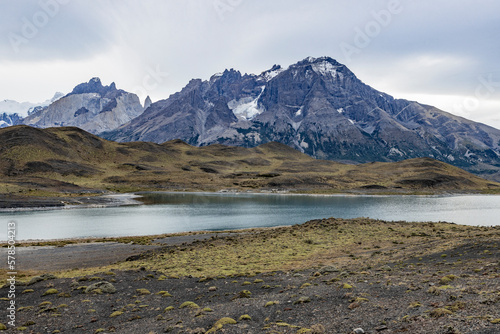 Impressive mountains and a lake with turquoise water at Torres del Paine National Park in Chile  Patagonia  South America