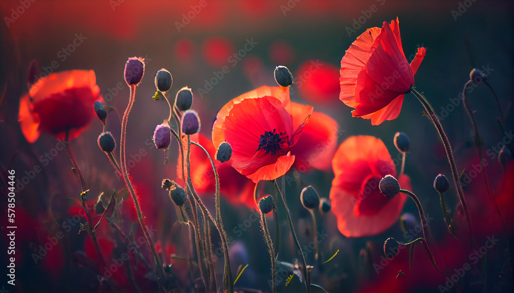 Flowers Red poppies blossom on wild field. Beautiful field red poppies with selective focus. Red poppies in soft light. Opium poppy. natural drugs. Generative AI - obrazy, fototapety, plakaty 